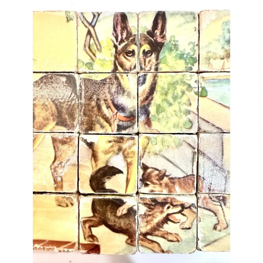 Vintage Farmhouse Wooden Picture Blocks Puzzle Chicken Horse Kitten‎ Cottagecore